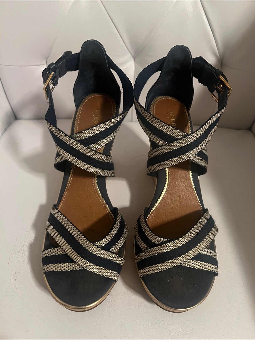 Sperry Black and Natural Braided Crisscross Wedge Sandals